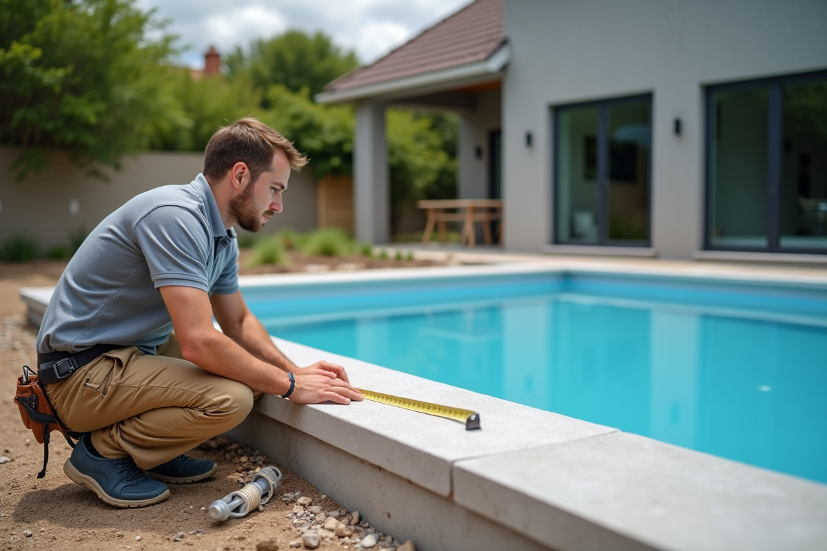Installateur professionnel prenant des mesures à la piscine