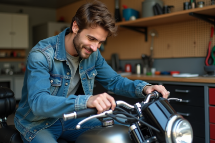 Jeune homme installant guidon chromé sur moto Dax Skyteam