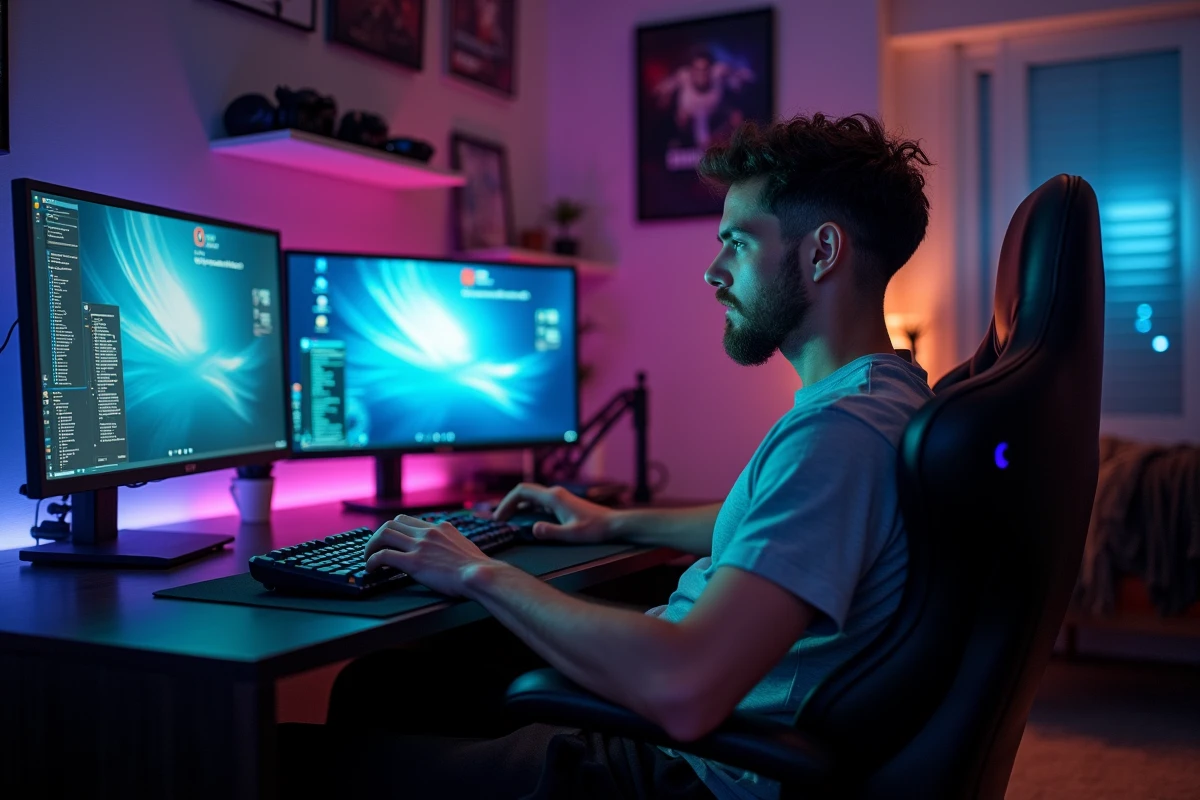 Homme installant un mod de jeu de simulation sur un PC gamer dans une salle de jeux à domicile