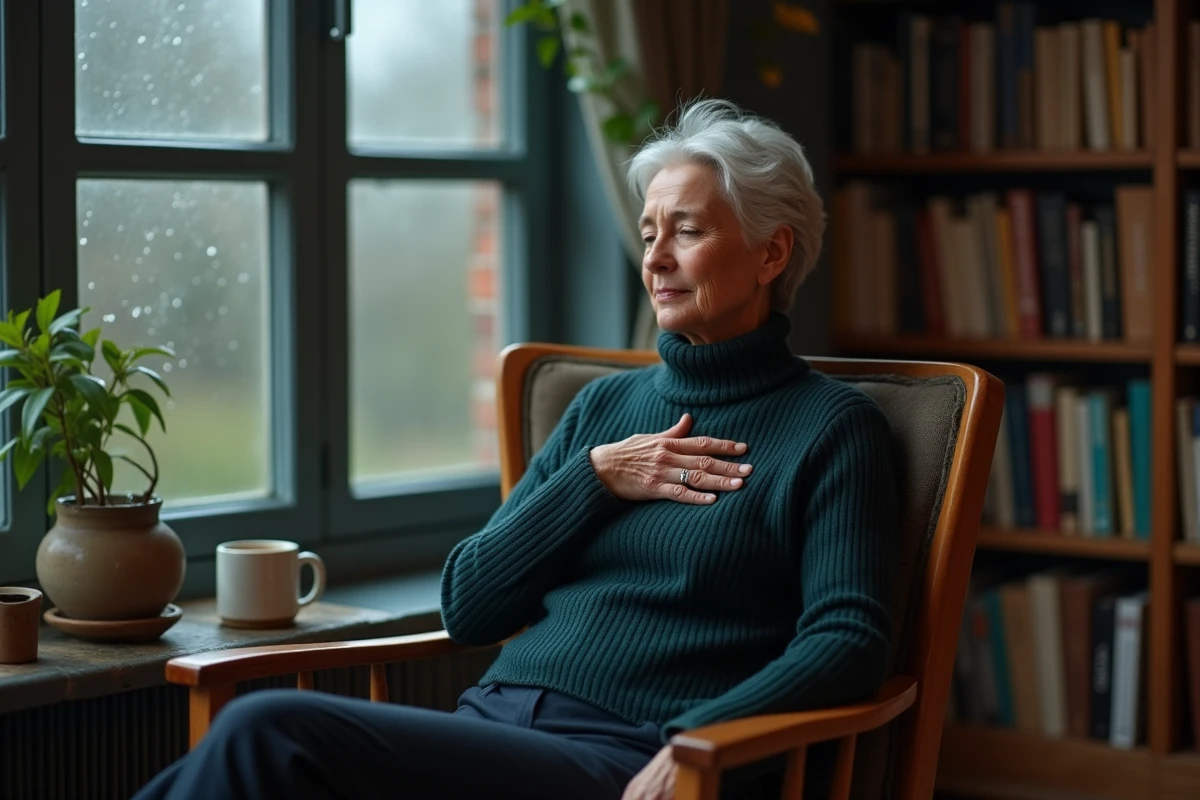 Femme d'âge mûr assise dans un fauteuil en bois, yeux fermés et main sur le cœur, devant une fenêtre sous la pluie entourée de livres, évoquant introspection et visions spirituelles intérieures