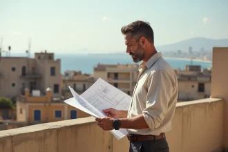 Investisseur immobilier analysant des plans sur une terrasse avec vue sur les quartiers nords de Marseille