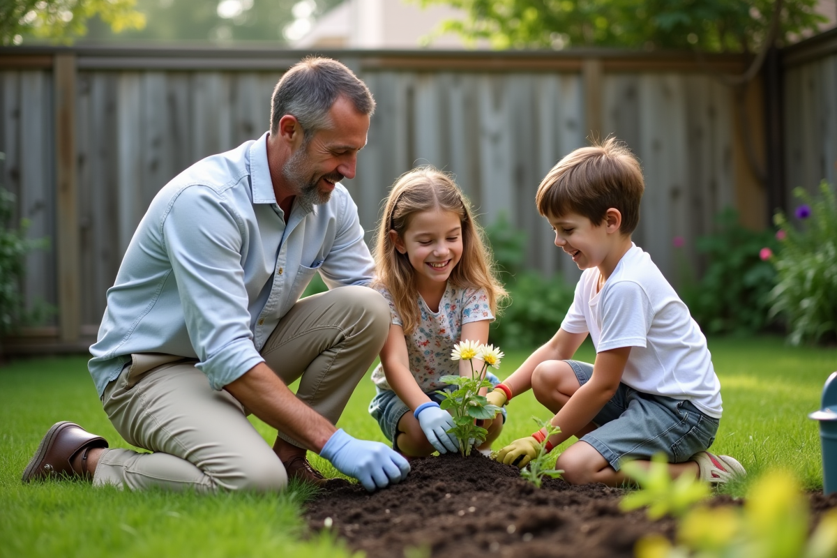 Père et deux enfants plantent des fleurs dans le jardin
