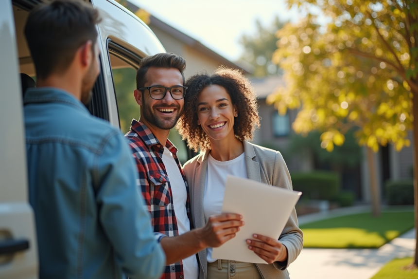 Jeune couple souriant vérifiant un van d'occasion devant leur maison