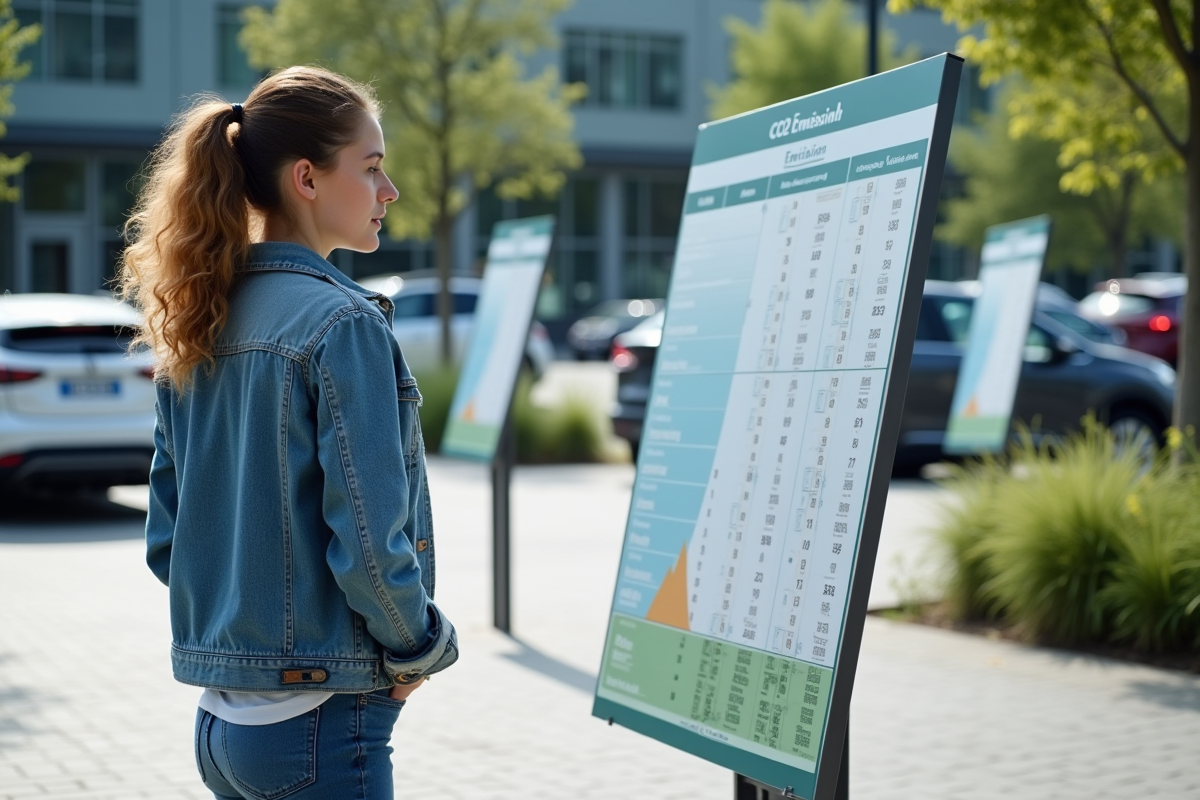 Jeune femme étudiant un panneau sur les émissions de véhicules