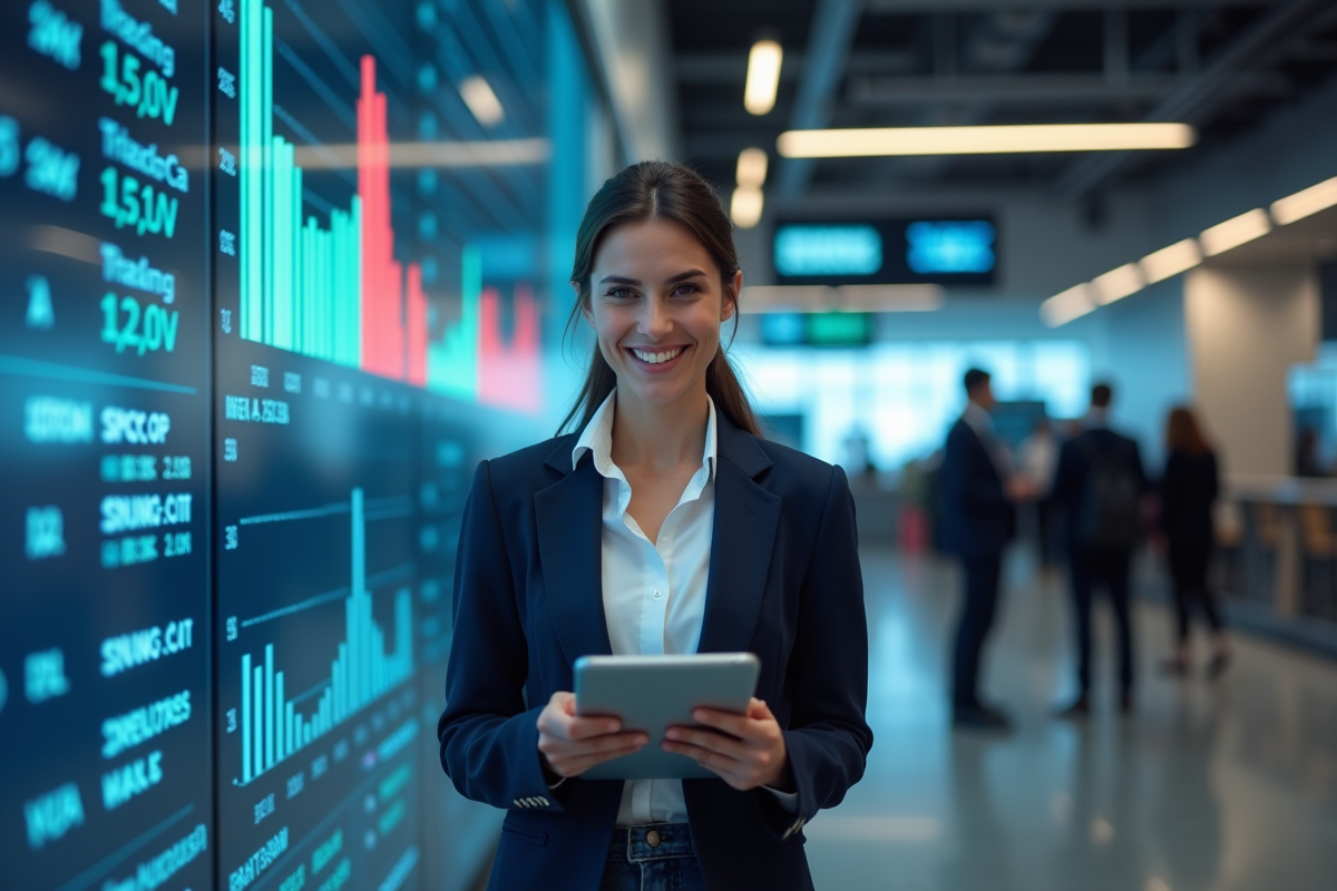Jeune femme professionnelle souriante devant un écran de marché financier