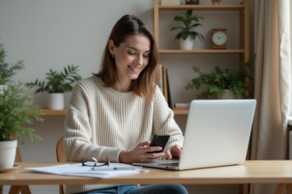 Jeune femme souriante travaillant sur son ordinateur dans un bureau moderne