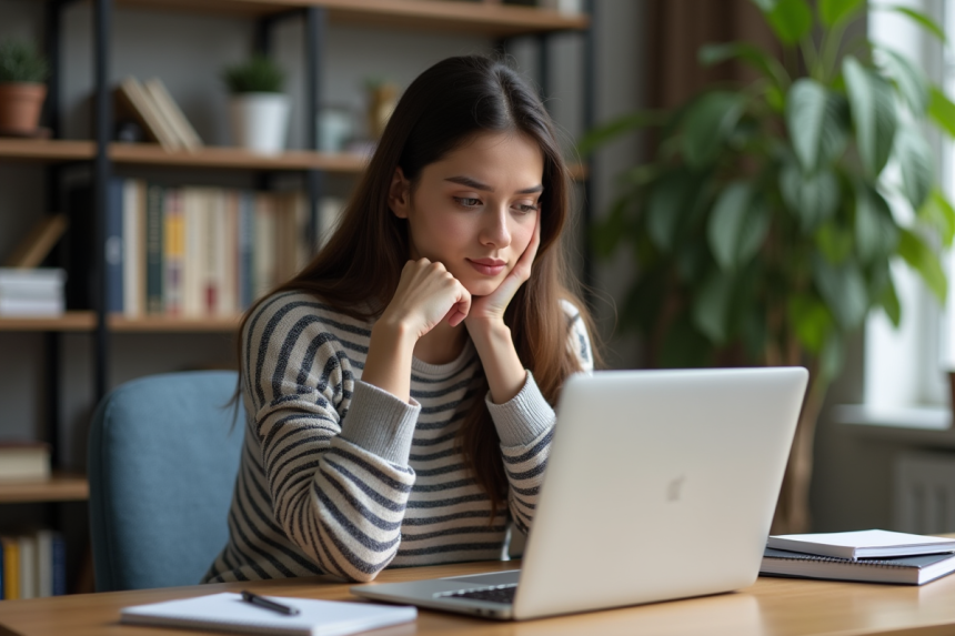 Jeune femme pensant devant son ordinateur dans un bureau moderne