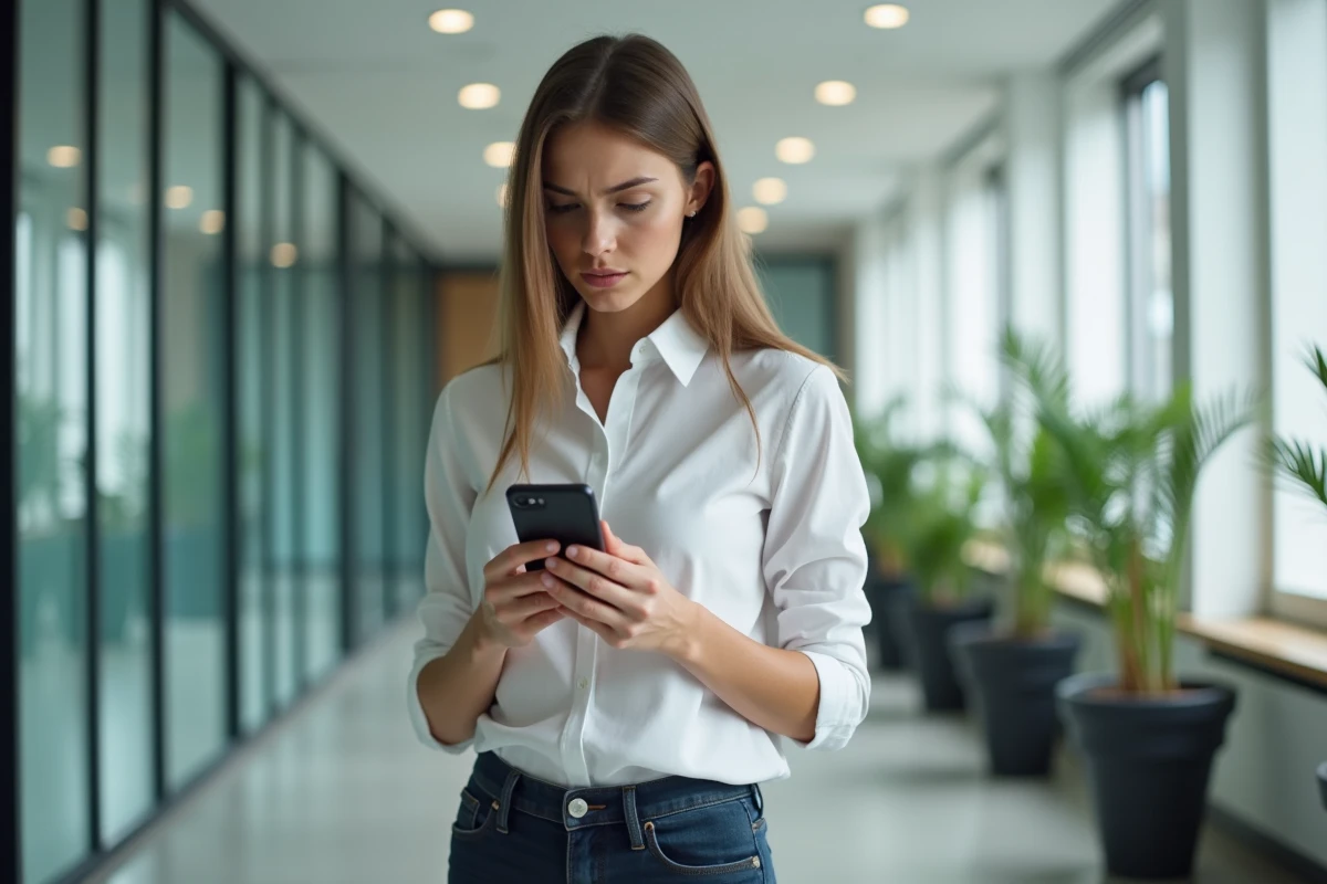 Jeune femme au bureau consulte son smartphone