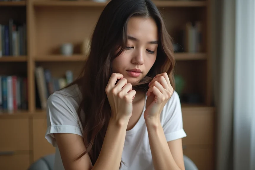 Jeune femme examinant ses pointes de cheveux avec concentration