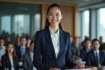 Jeune femme en costume navy lors d'une conf&eacute;rence