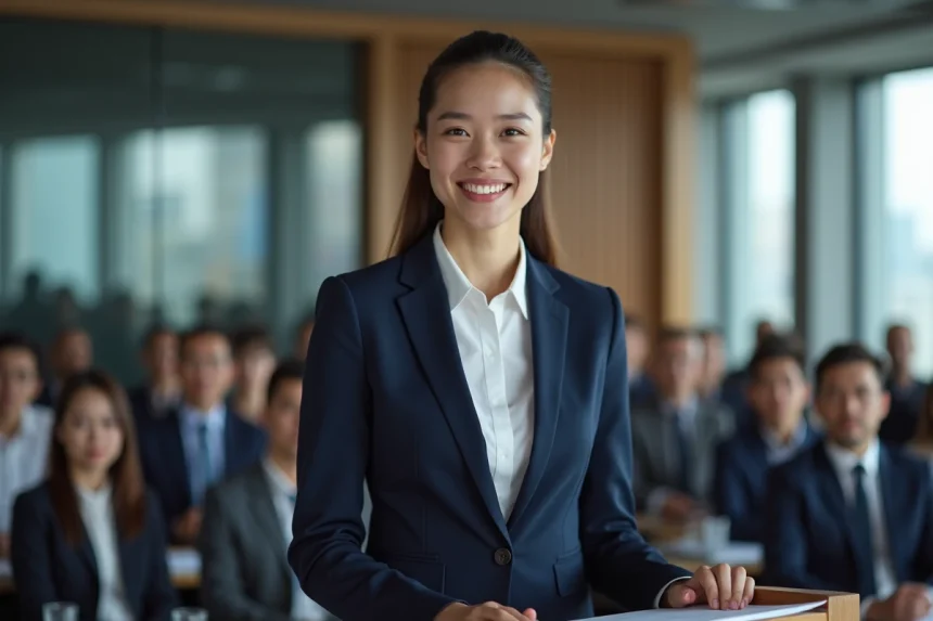 Jeune femme en costume navy lors d'une conférence