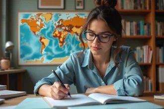 Jeune femme en blouse studieuse avec carte du monde