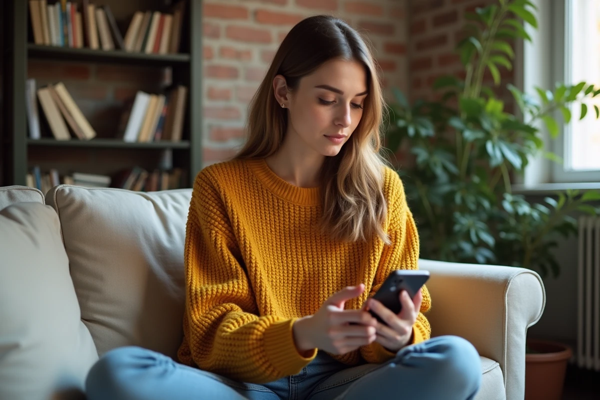Jeune femme sur son canapé analysant un journal d'appels avec un numéro en 34 sur son téléphone