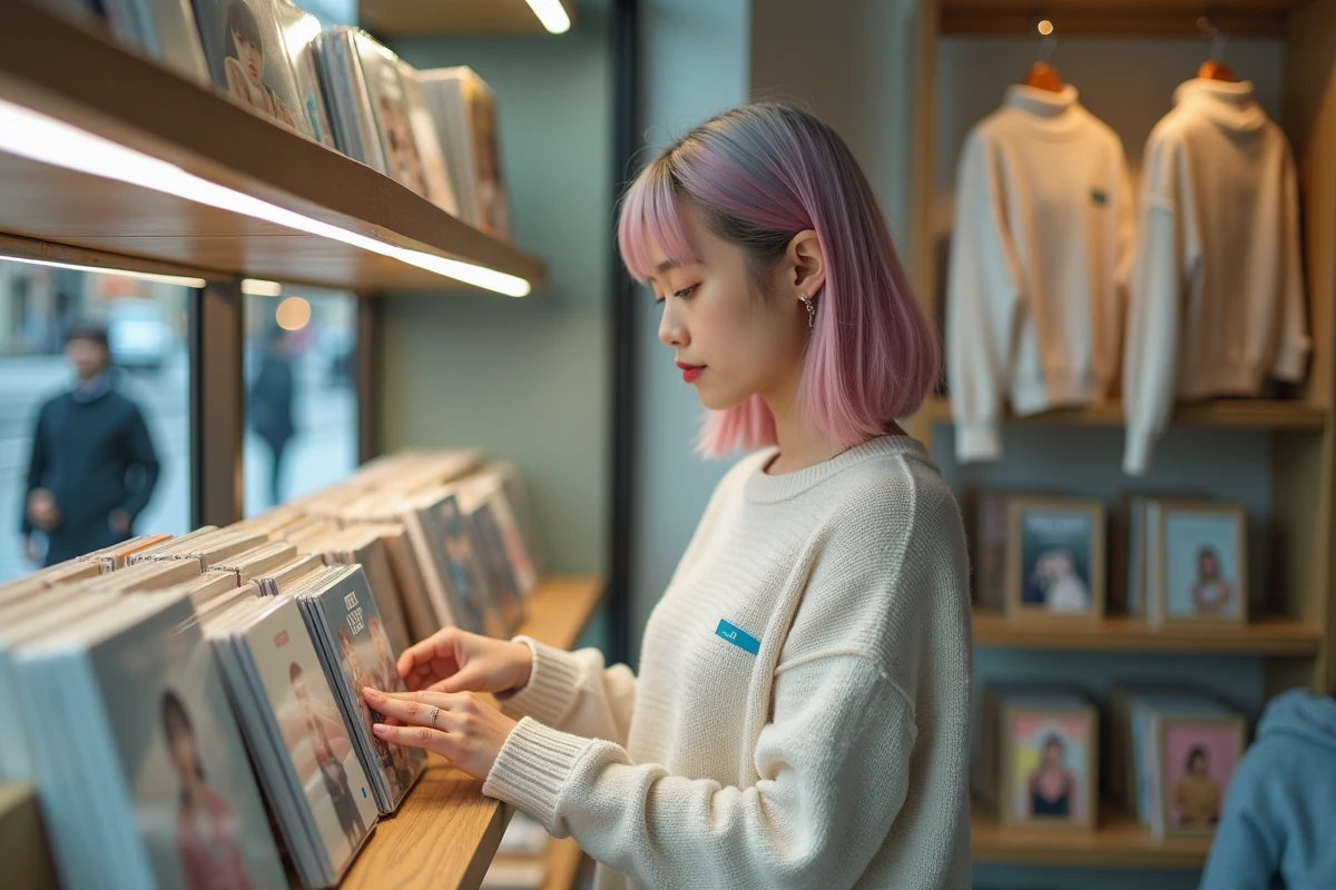 Femme arrangeant produits Kpop dans boutique parisienne