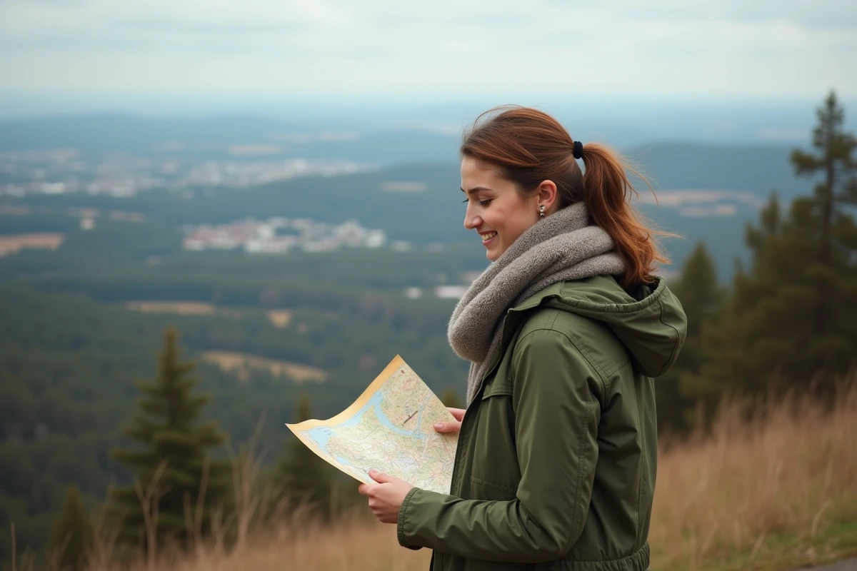 Jeune femme regardant une carte en plein air avec paysage allemand