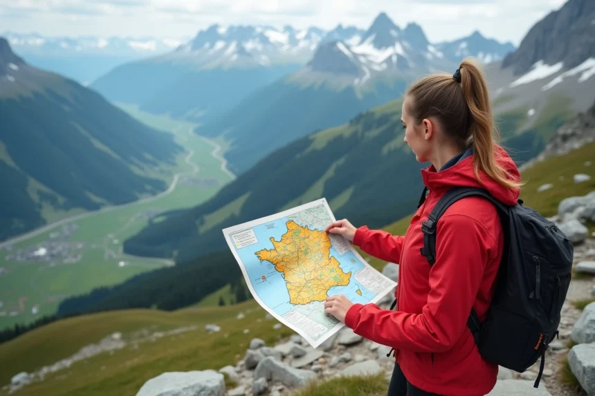 Jeune femme en randonn&eacute;e en Alpes avec carte de France