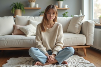 Jeune femme dans un salon scandinave cosy et lumineux