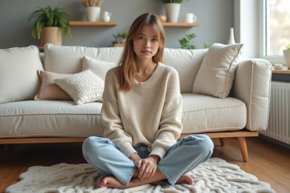 Jeune femme dans un salon scandinave cosy et lumineux