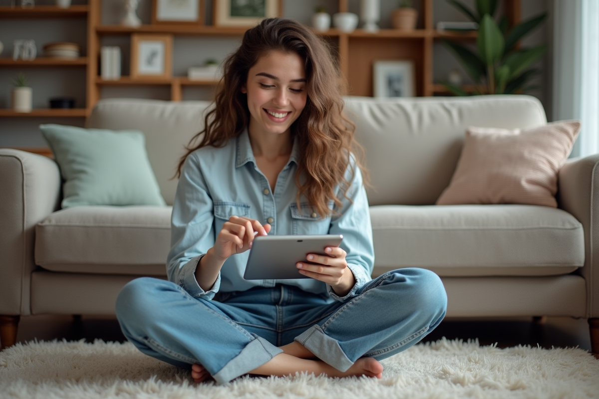 Jeune femme souriante utilisant une tablette dans un salon cosy