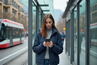 Jeune femme regardant son smartphone à un arrêt de tram à Grenoble