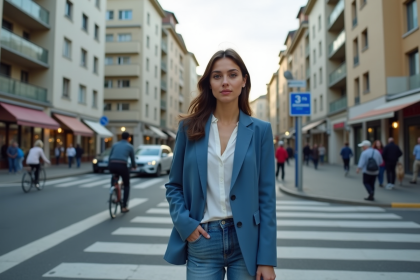 Jeune femme en blazer bleu dans une ville animée