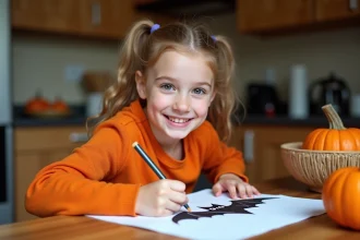 Jeune fille dessinant un chauve-souris pour Halloween à la maison