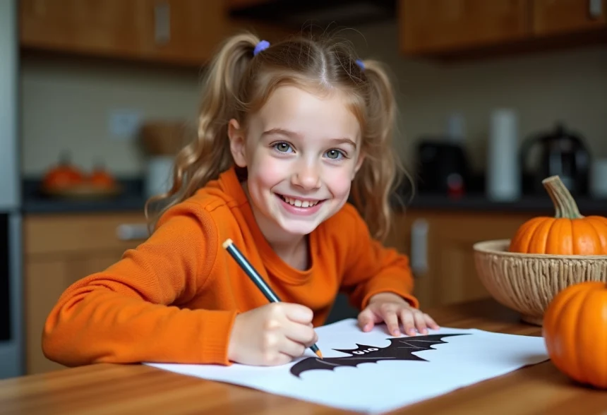 Jeune fille dessinant un chauve-souris pour Halloween &agrave; la maison