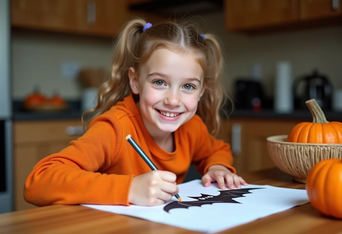 Jeune fille dessinant un chauve-souris pour Halloween à la maison