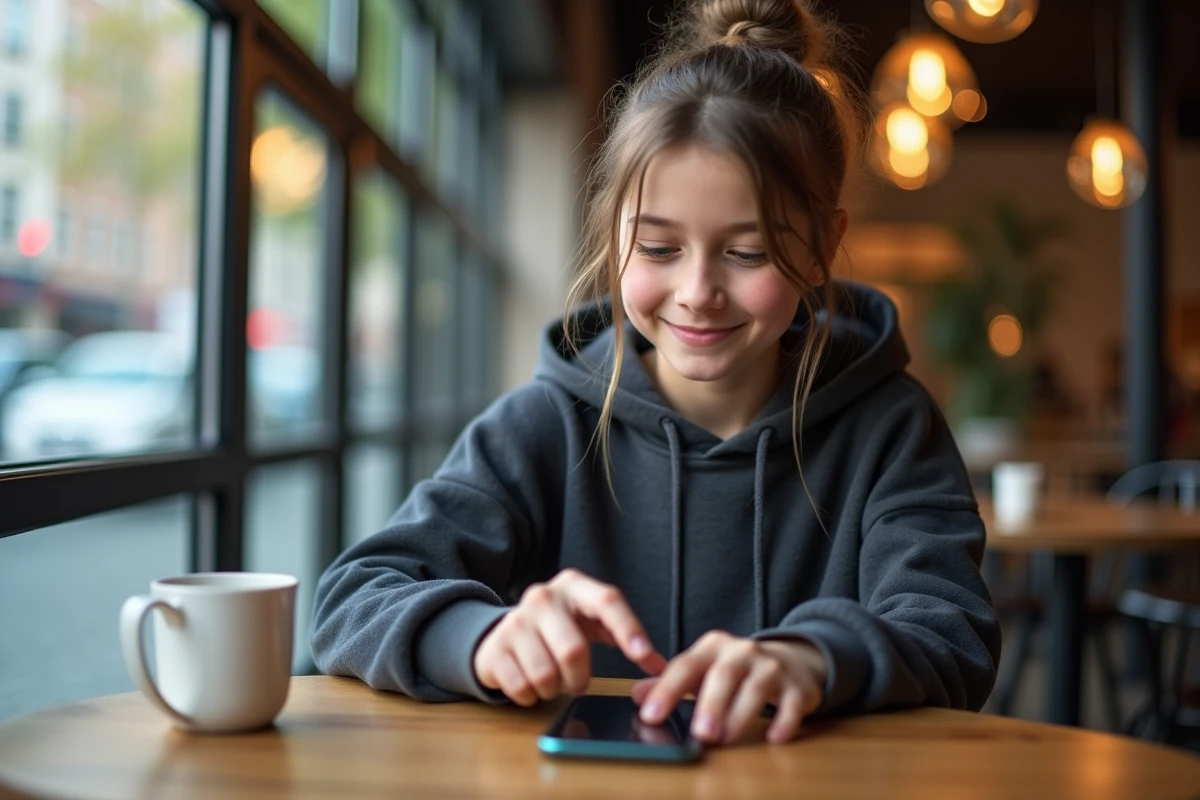 Jeune fille avec smartphone dans un café moderne