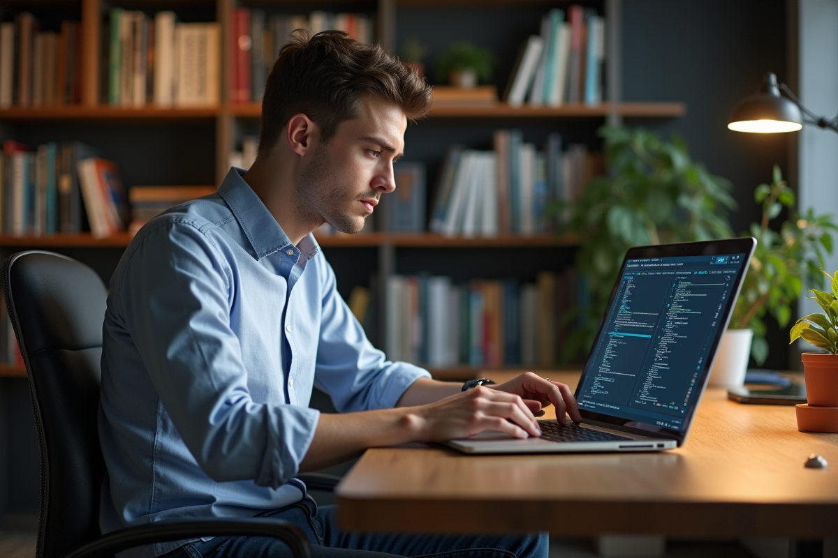 Jeune homme en étude de code et diagrammes AI