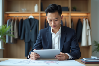 Jeune homme asiatique en blazer consulte des croquis mode