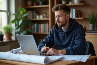 Jeune homme en étude dans un bureau à domicile