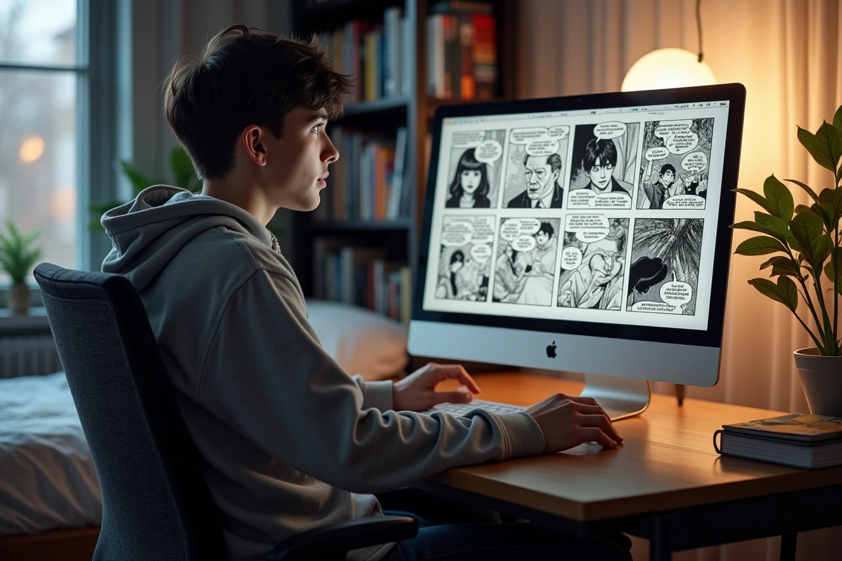 Jeune homme lisant manga sur ordinateur dans sa chambre