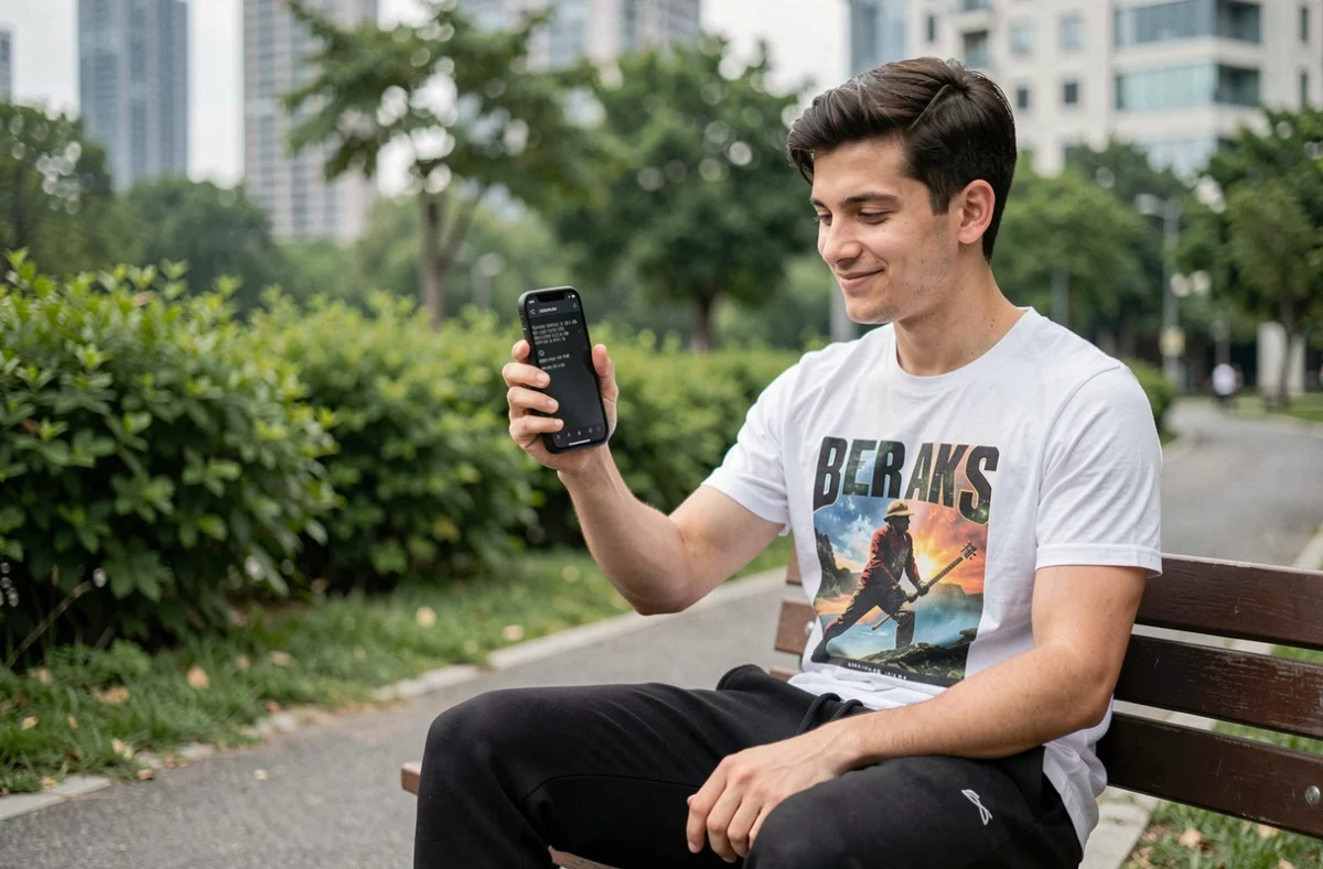 Jeune homme lisant son numéro Lebara affiché sur son téléphone dans un parc urbain