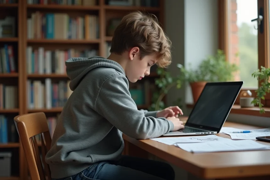 Jeune adolescent en hoodie utilisant un ordinateur portable