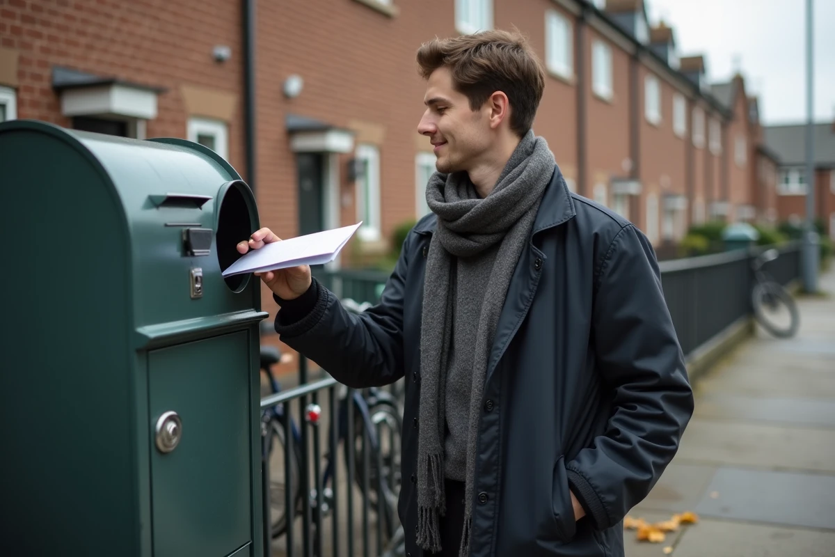 Jeune homme postant une lettre dans une rue résidentielle