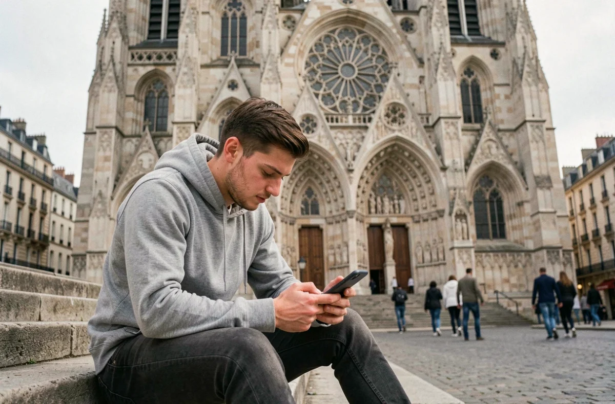 Jeune homme vérifiant les heures de prière sur smartphone devant la cathédrale de Reims
