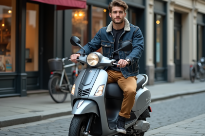 Jeune homme en scooter urbain en ville