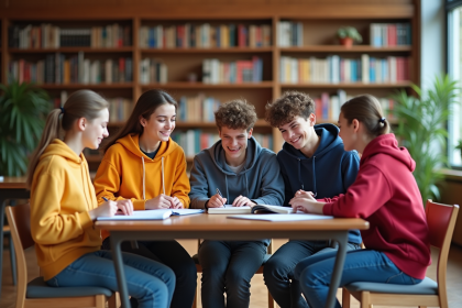 Groupe de lycéens français souriants à la bibliothèque