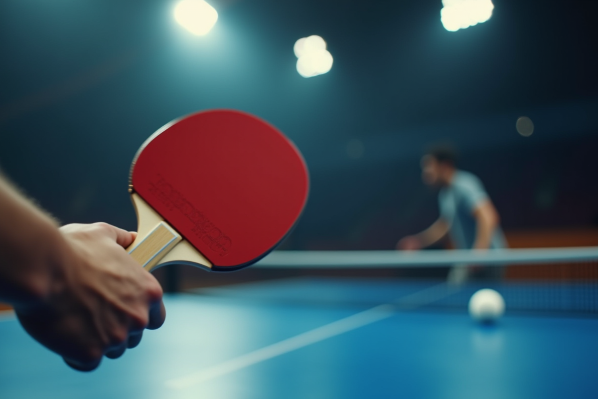 Joueur en action frappant la balle de ping pong lors d’un match intense