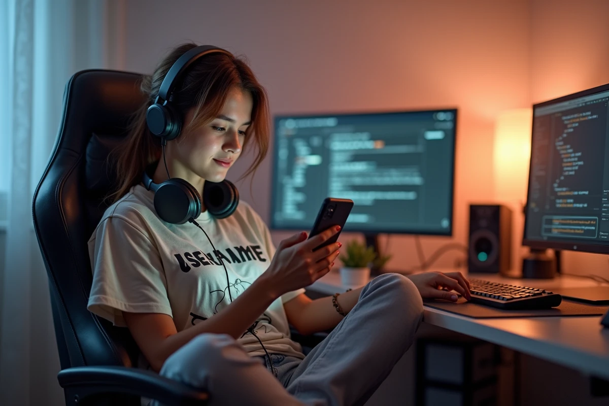 Joueuse réfléchissant à un pseudo gaming unique sur son smartphone dans sa chambre