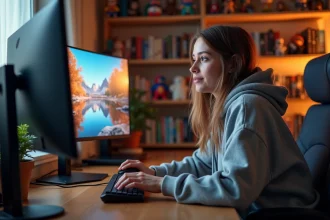 Jeune femme jouant à un jeu de simulation de vie sur PC dans un bureau confortable et moderne