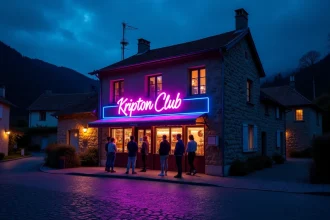 Facade du Kripton Club à Yssingeaux la nuit avec enseigne néon et file d'attente de jeunes adultes