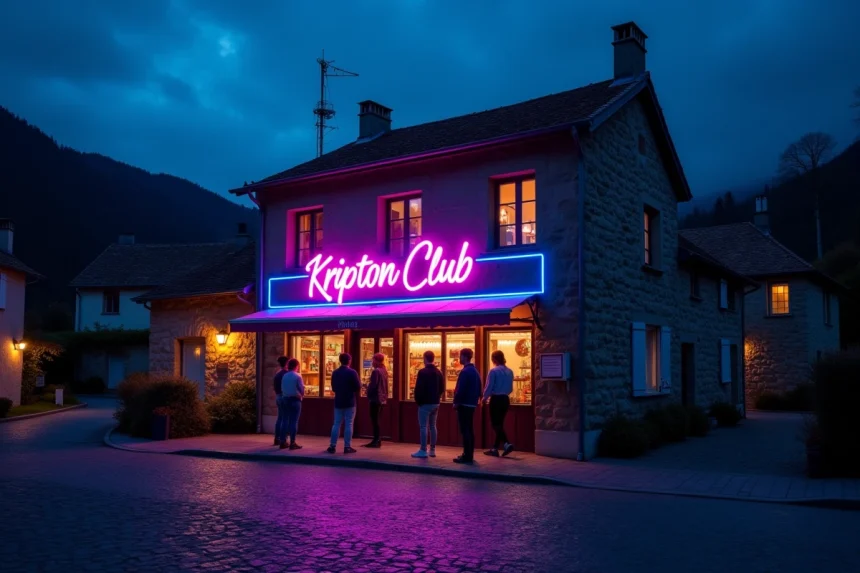 Facade du Kripton Club à Yssingeaux la nuit avec enseigne néon et file d'attente de jeunes adultes