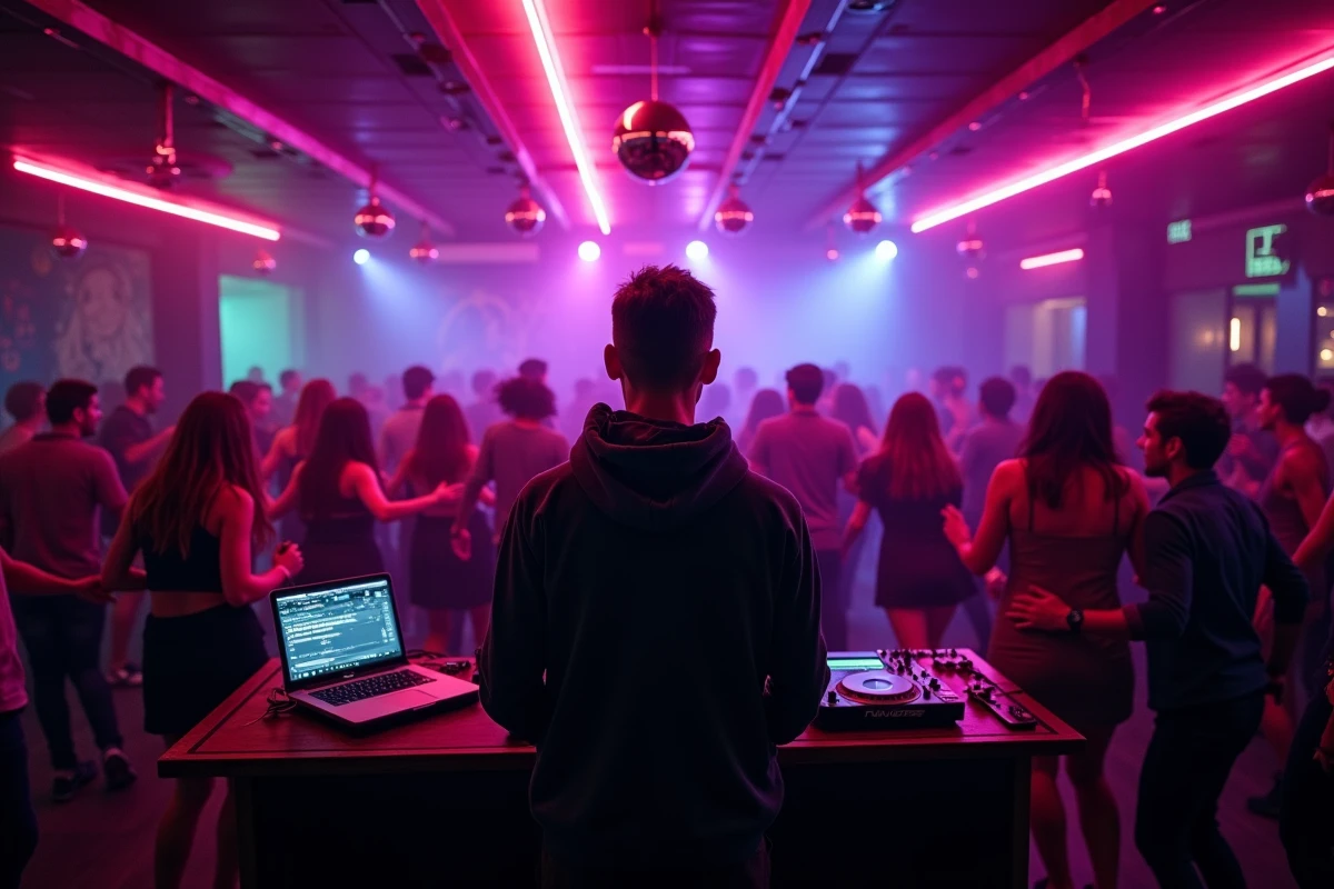 DJ en action sur la piste de danse du Kripton Club à Yssingeaux avec foule de fêtards