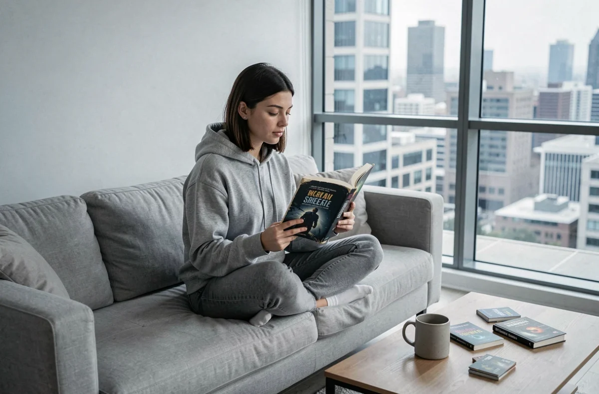 Jeune femme lisant un roman de science-fiction d'Asimov dans un appartement moderne avec vue sur la ville, évoquant les thèmes futuristes de l'auteur