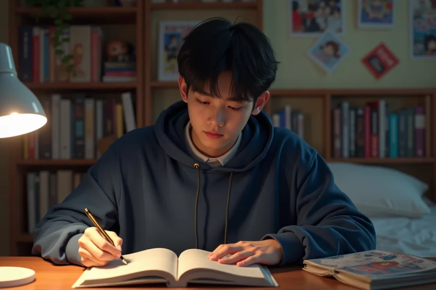 Jeune homme lisant un manga Blue Lock à son bureau dans une chambre cosy entourée de volumes de manga