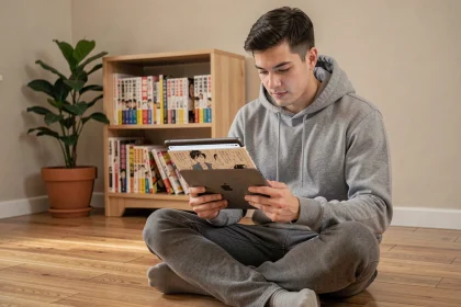 Jeune homme lisant des mangas en ligne sur une tablette depuis son appartement