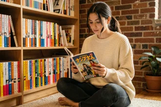Jeune femme lisant un manga en français depuis une collection sur étagère dans un appartement cosy