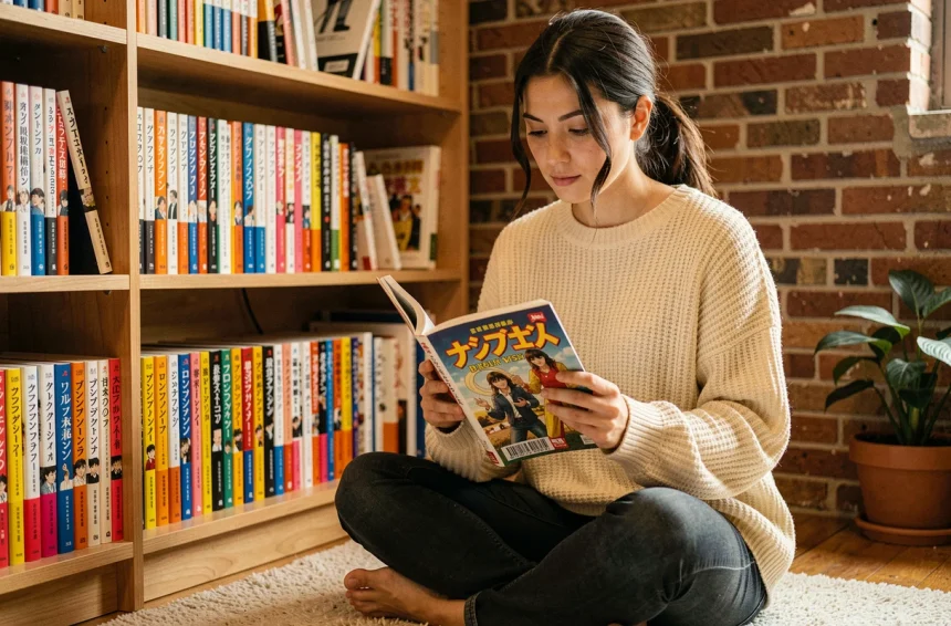 Jeune femme lisant un manga en français depuis une collection sur étagère dans un appartement cosy